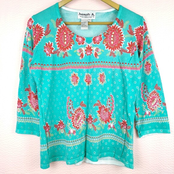 Joseph A Sweaters - Joseph A Women Bright Blue Floral Top Stretch Lightweight 3/4 Sleeve Size L